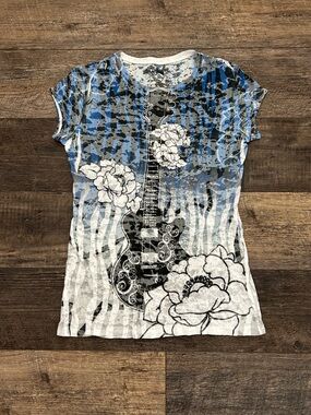 Rare Y2K Bohemian Style OS Guitar Floral Design Womens Short Sleeve Top Sz XL